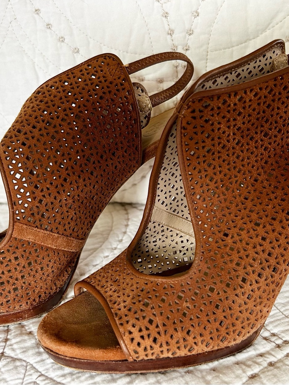 Tory Burch Brown Laser-Cut Open-Toe Slingback Heels